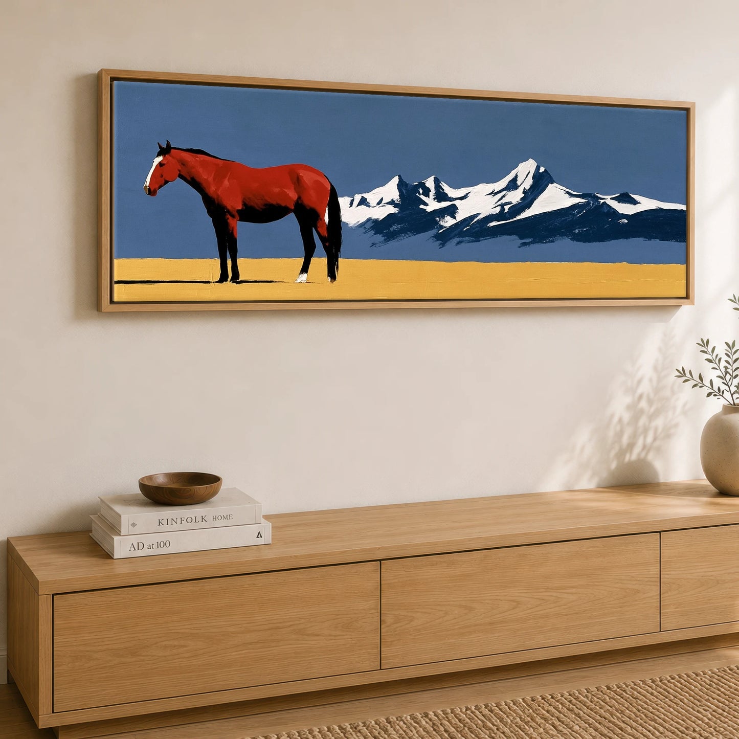 Scarlet Stallion Alpine Ridge Horse Landscape panoramic canvas wall art displayed above a sideboard