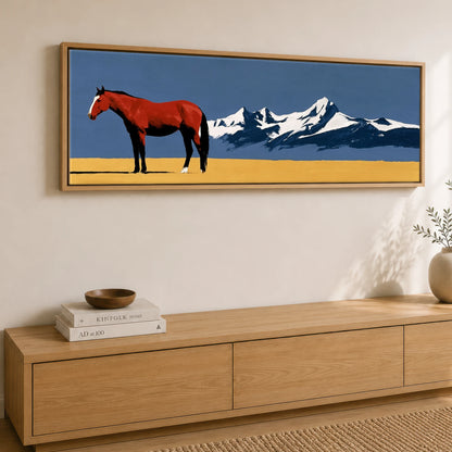 Scarlet Stallion Alpine Ridge Horse Landscape panoramic canvas wall art displayed above a sideboard
