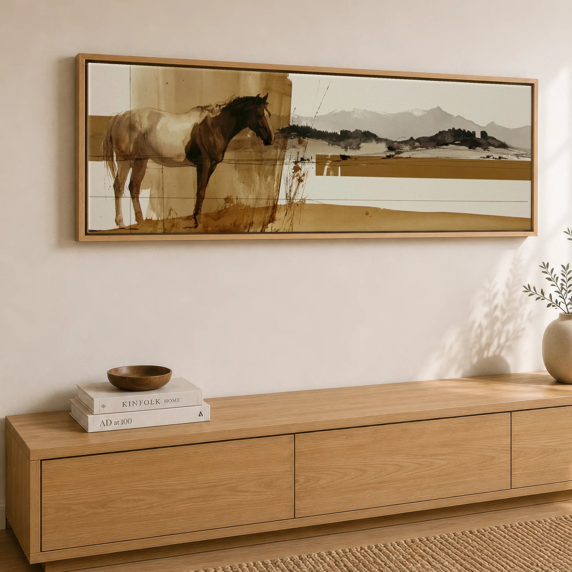 Sepia Horizon Horse Landscape panoramic canvas wall art displayed above a sideboard