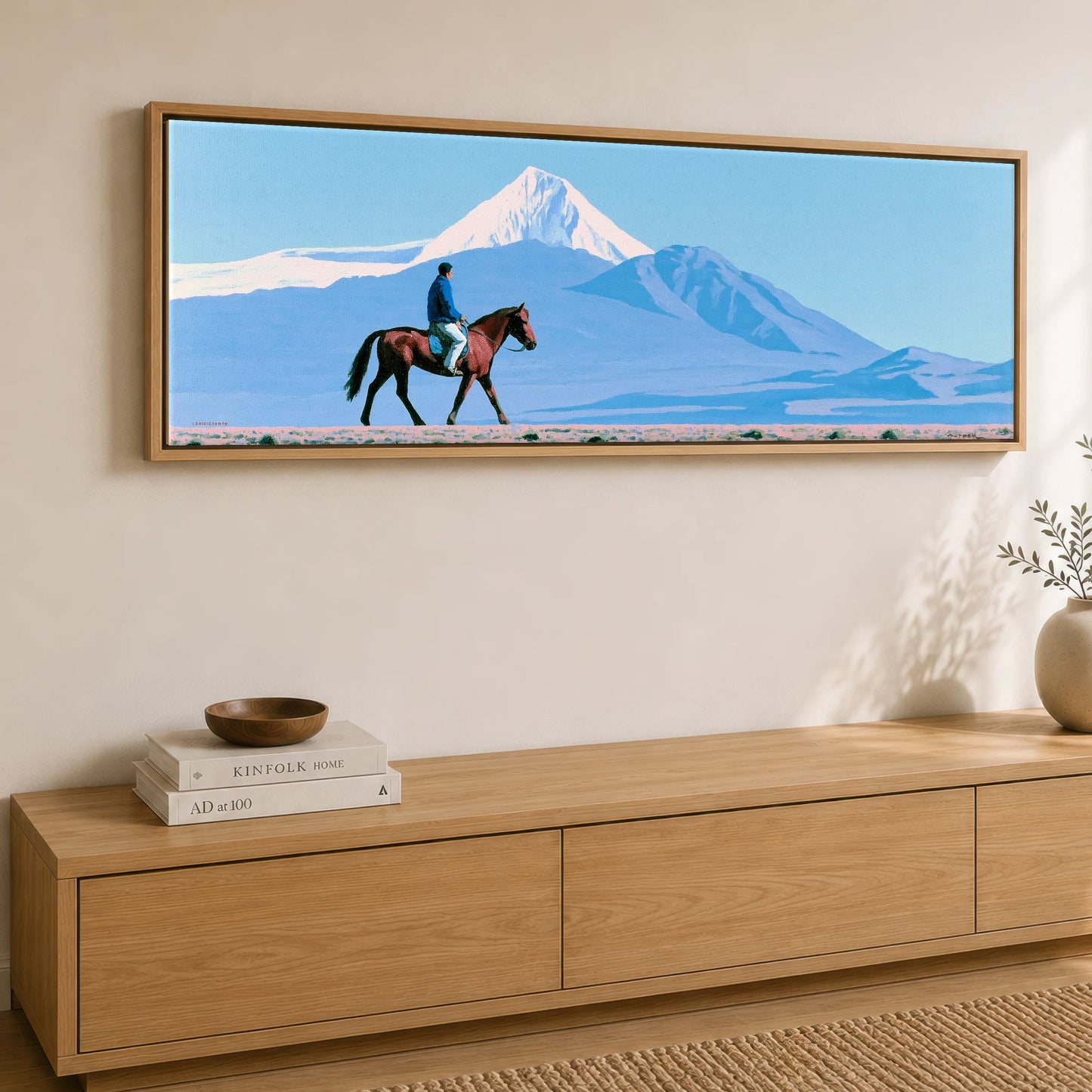 Beneath Vast Peaks Horse Landscape panoramic canvas wall art displayed above a sideboard