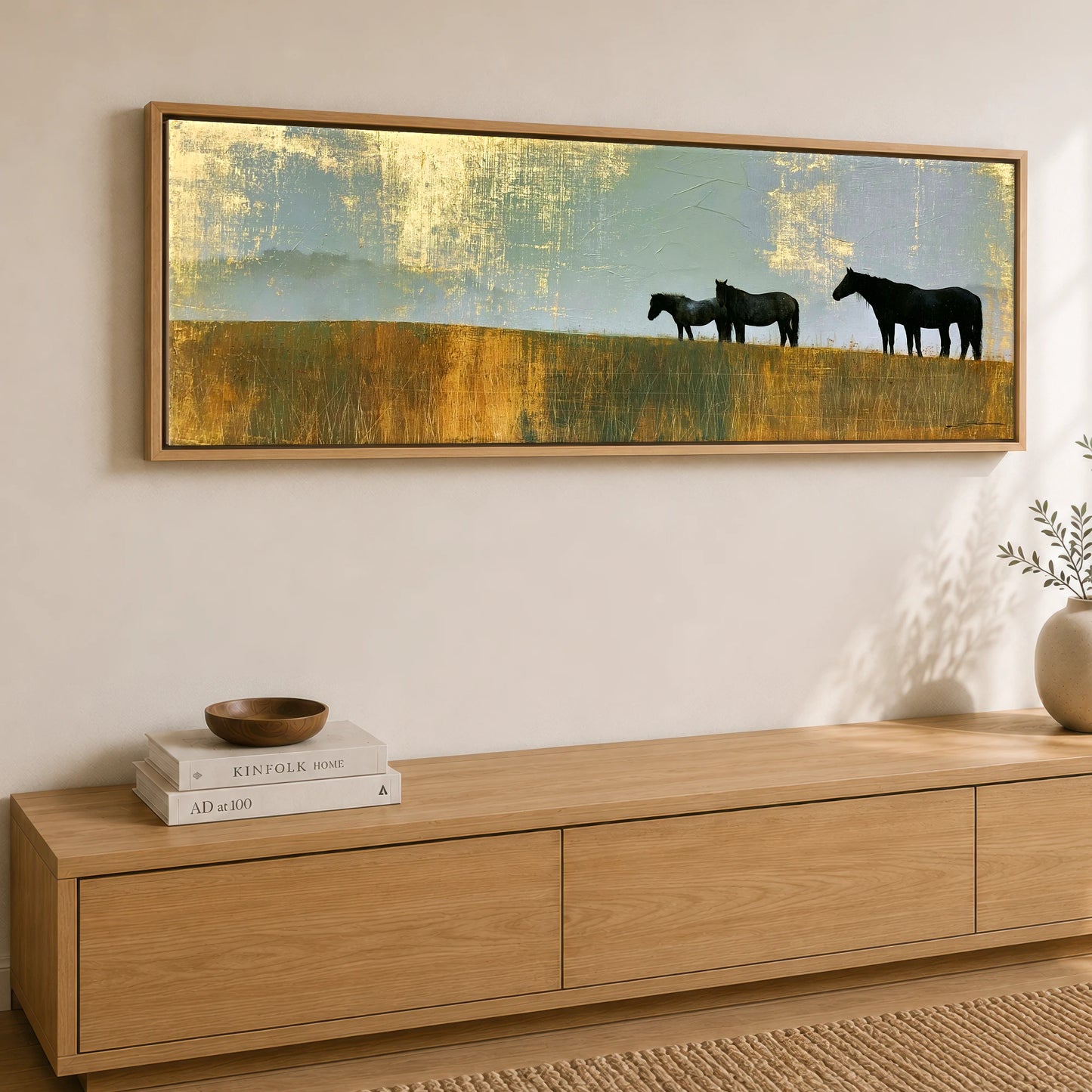 Gilded Horizon Horse Landscape panoramic canvas wall art displayed above a sideboard