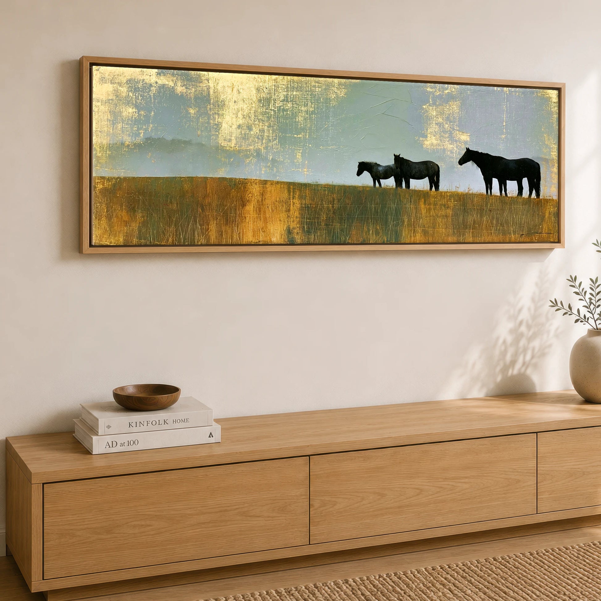 Gilded Horizon Horse Landscape panoramic canvas wall art displayed above a sideboard