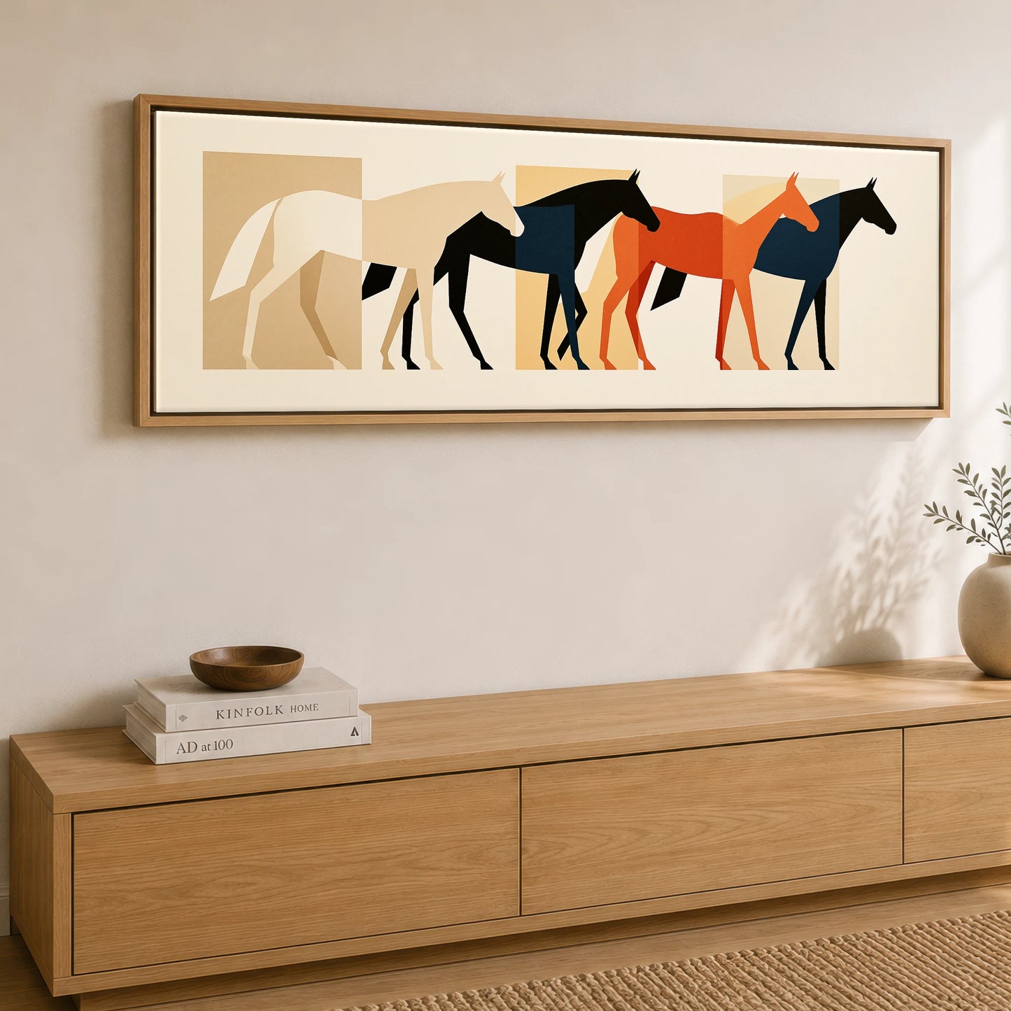 Modernist Herd Horse Landscape panoramic canvas wall art displayed above a sideboard