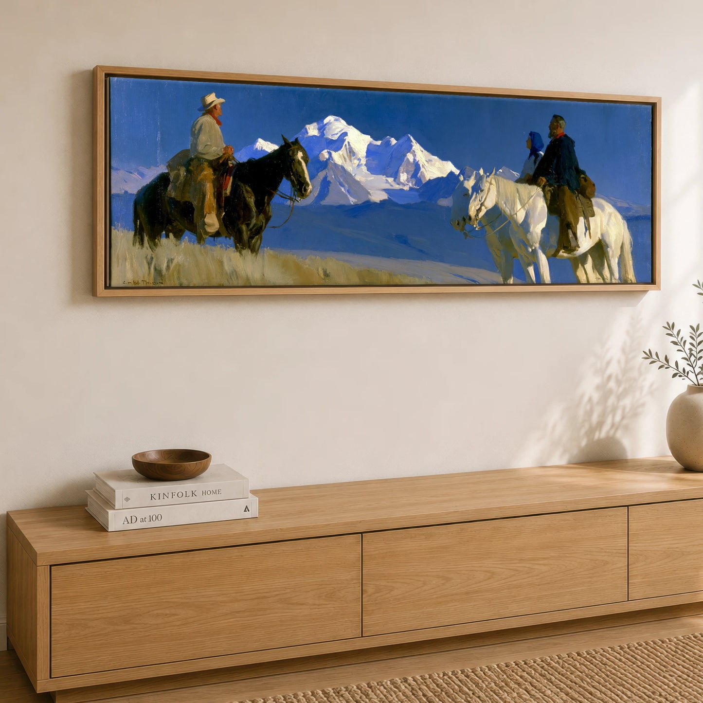 High Country Journey Horse Landscape panoramic canvas wall art displayed above a sideboard