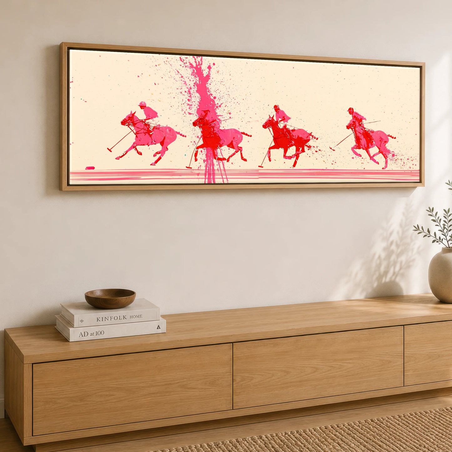 Magenta Polo Rush Polo Horse panoramic canvas wall art displayed above a sideboard