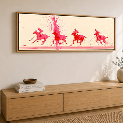 Magenta Polo Rush Polo Horse panoramic canvas wall art displayed above a sideboard