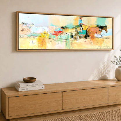 The Painted Drive Working Horse panoramic canvas wall art displayed above a sideboard
