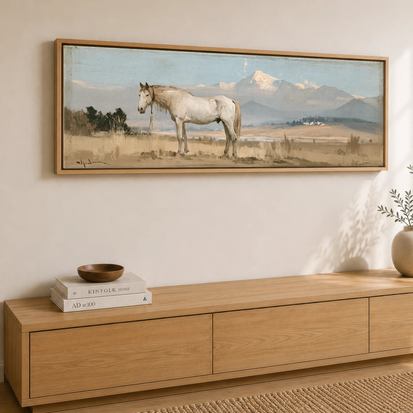High Country Stillness Horse Landscape panoramic canvas wall art displayed above a sideboard
