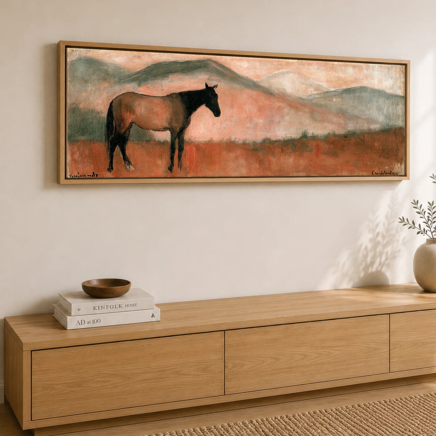 Terracotta Horizon Horse Landscape panoramic canvas wall art displayed above a sideboard