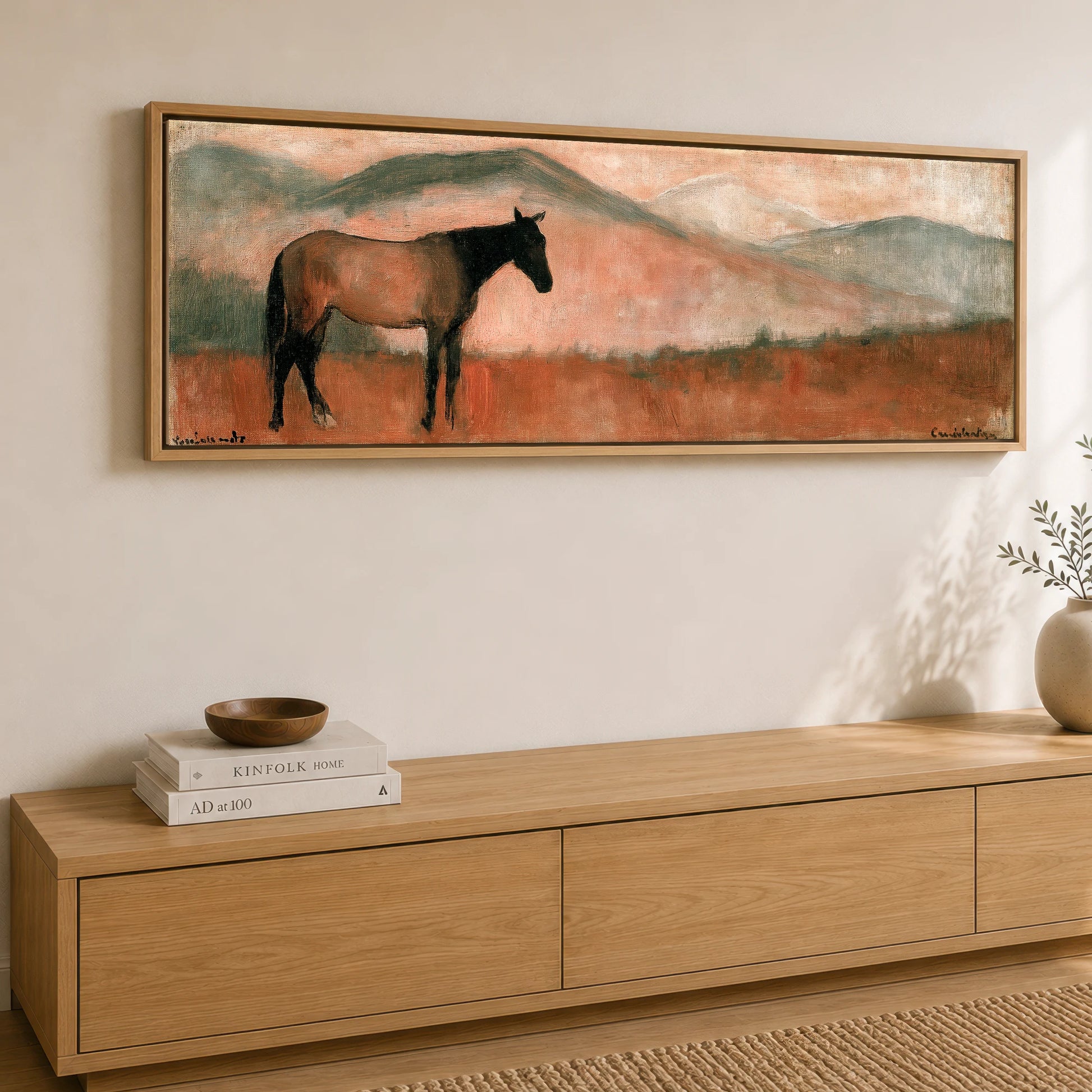 Terracotta Horizon Horse Landscape panoramic canvas wall art displayed above a sideboard
