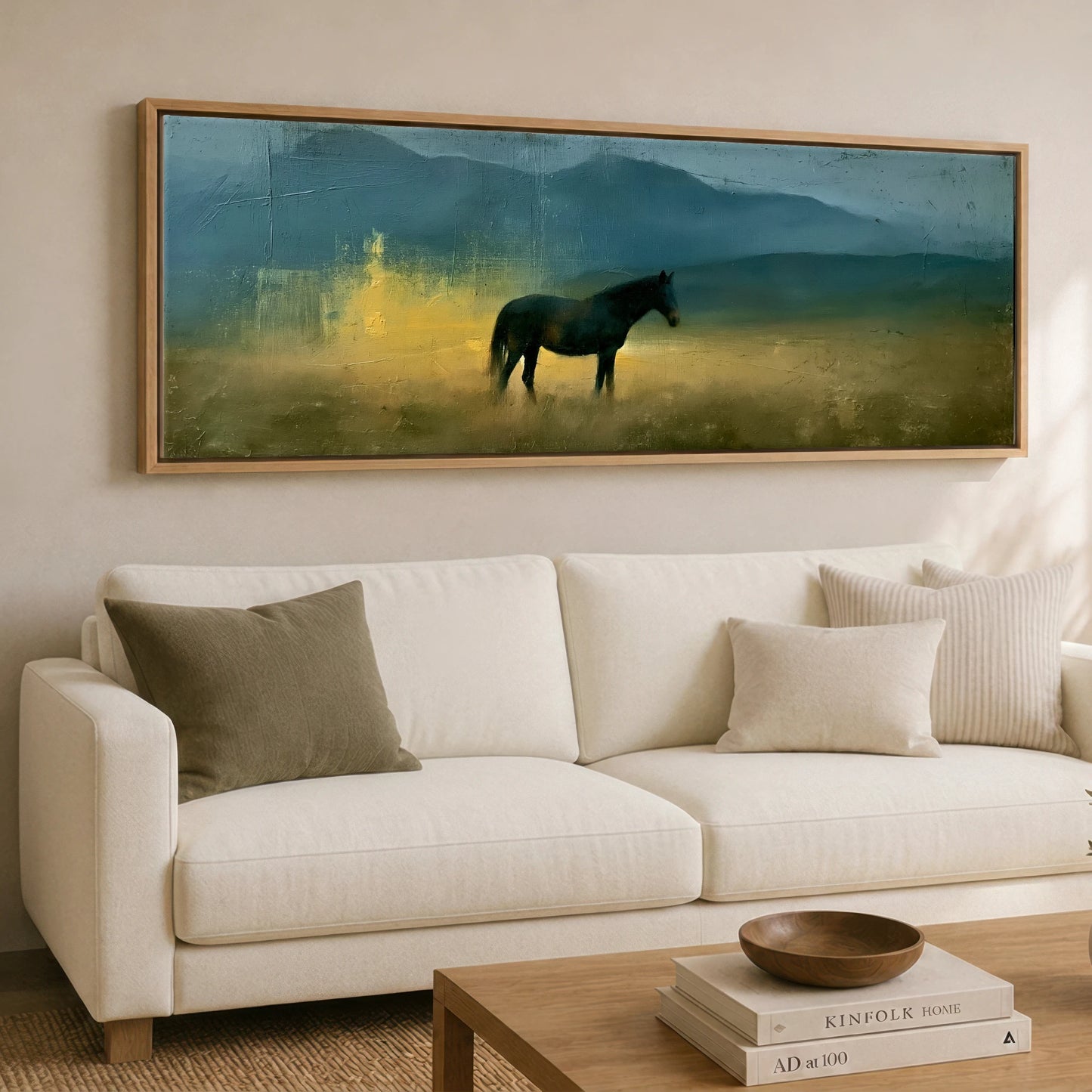 Echoes in Gold Horse Landscape panoramic canvas wall art displayed above a sofa