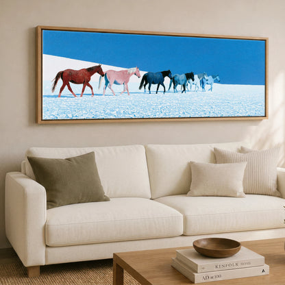 The Azure Procession Horse Landscape panoramic canvas wall art displayed above a sofa