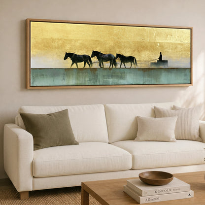 The Golden Drive Working Horse panoramic canvas wall art displayed above a sofa