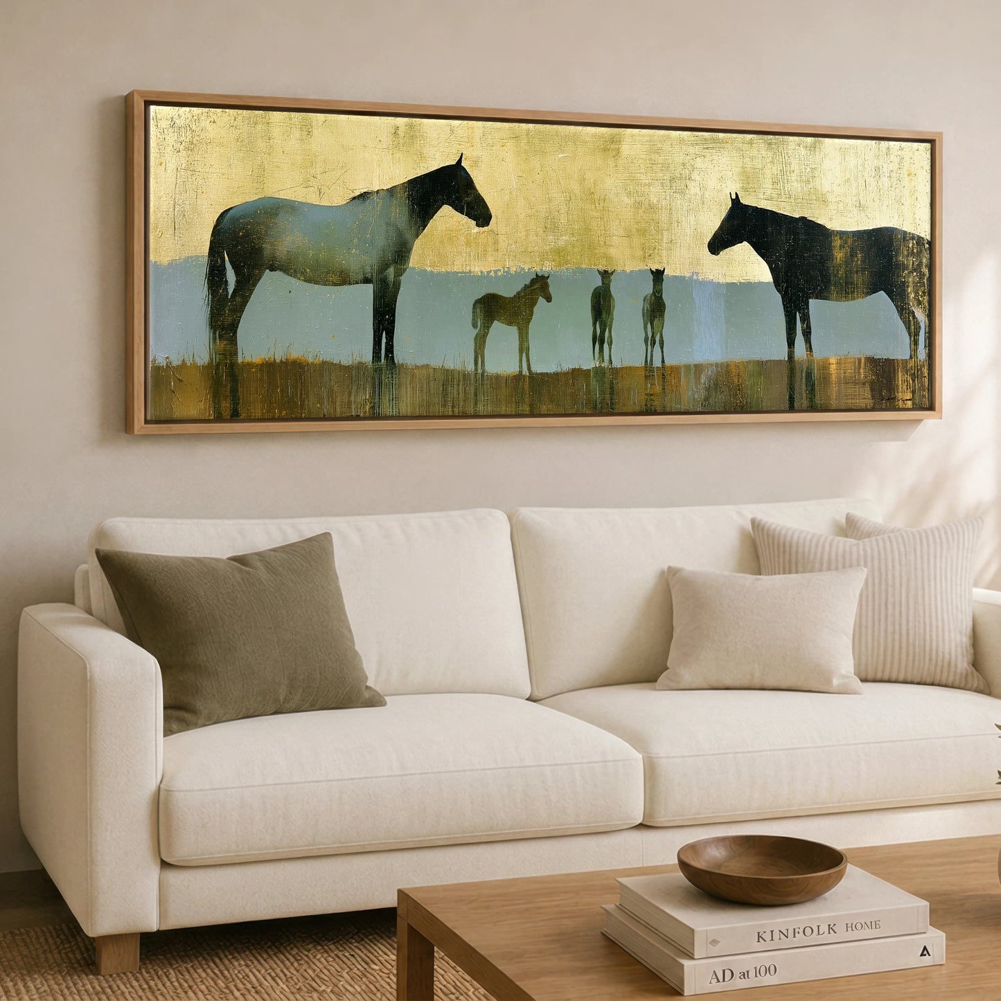 Gilded Pastures Mare & Foal panoramic canvas wall art displayed above a sofa