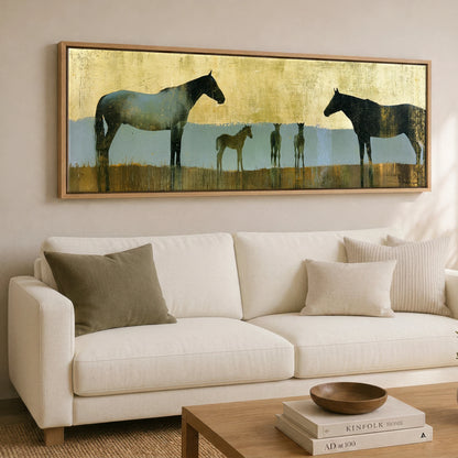 Gilded Pastures Mare & Foal panoramic canvas wall art displayed above a sofa