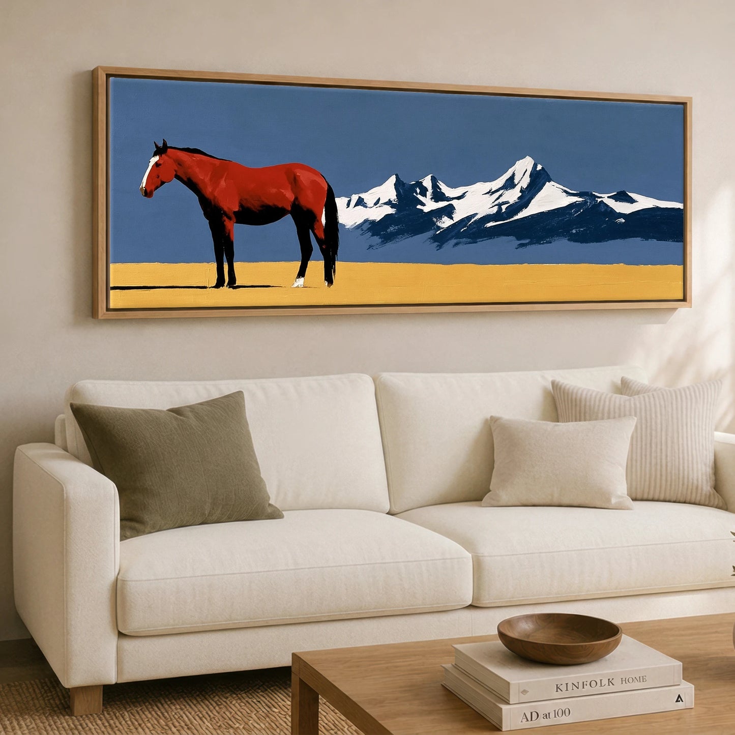 Scarlet Stallion Alpine Ridge Horse Landscape panoramic canvas wall art displayed above a sofa
