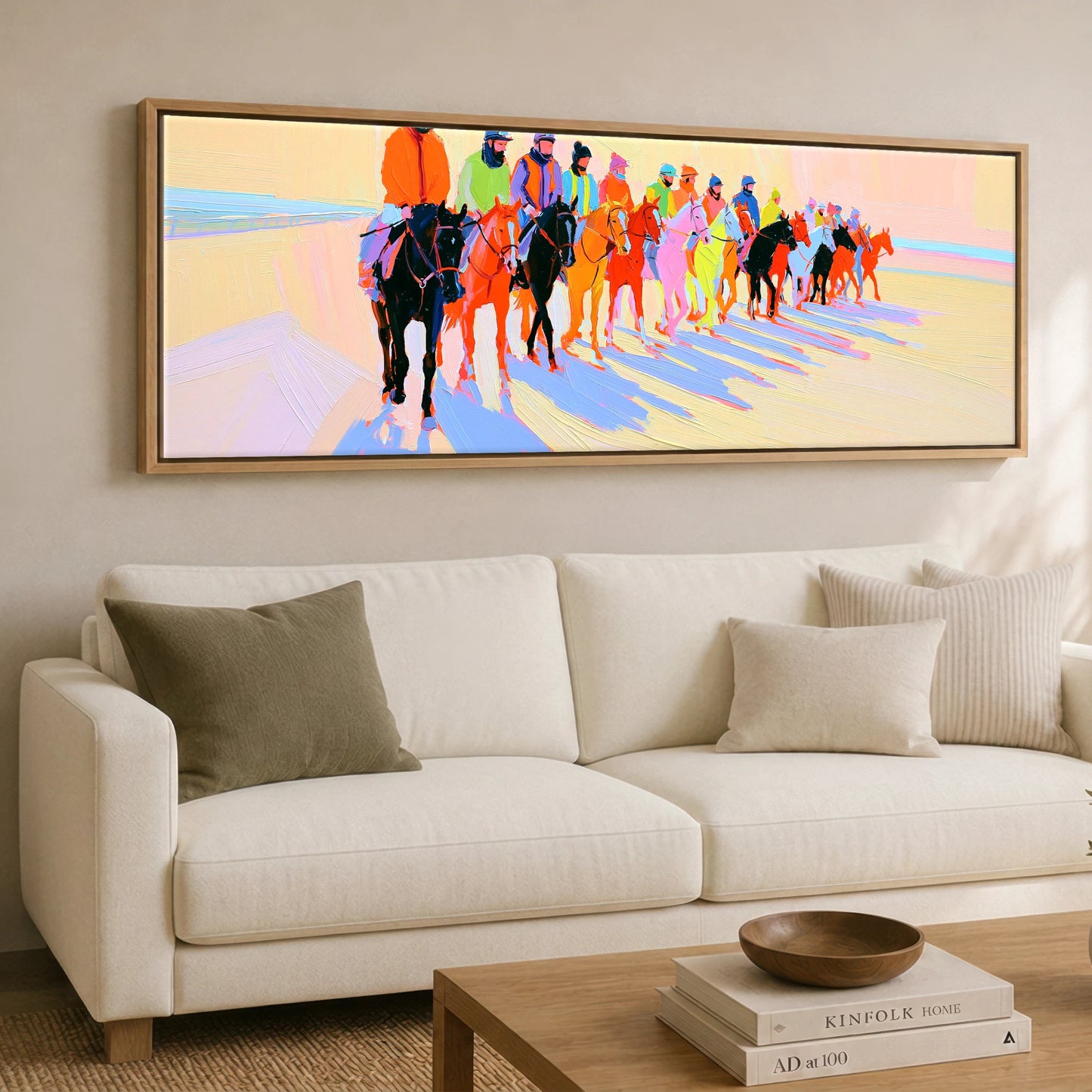 Technicolour Parade Racing Horse panoramic canvas wall art displayed above a sofa