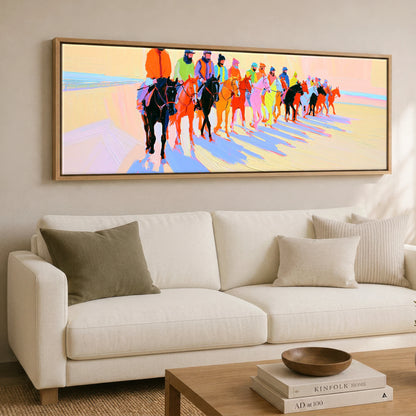 Technicolour Parade Racing Horse panoramic canvas wall art displayed above a sofa