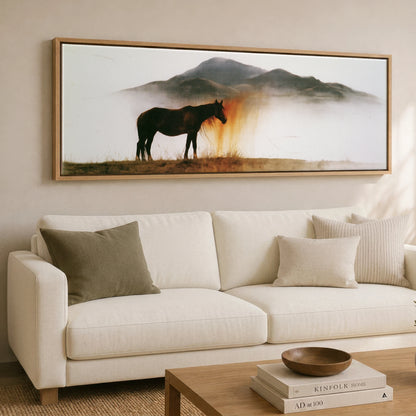 Ethereal Amber Mist Horse Landscape panoramic canvas wall art displayed above a sofa