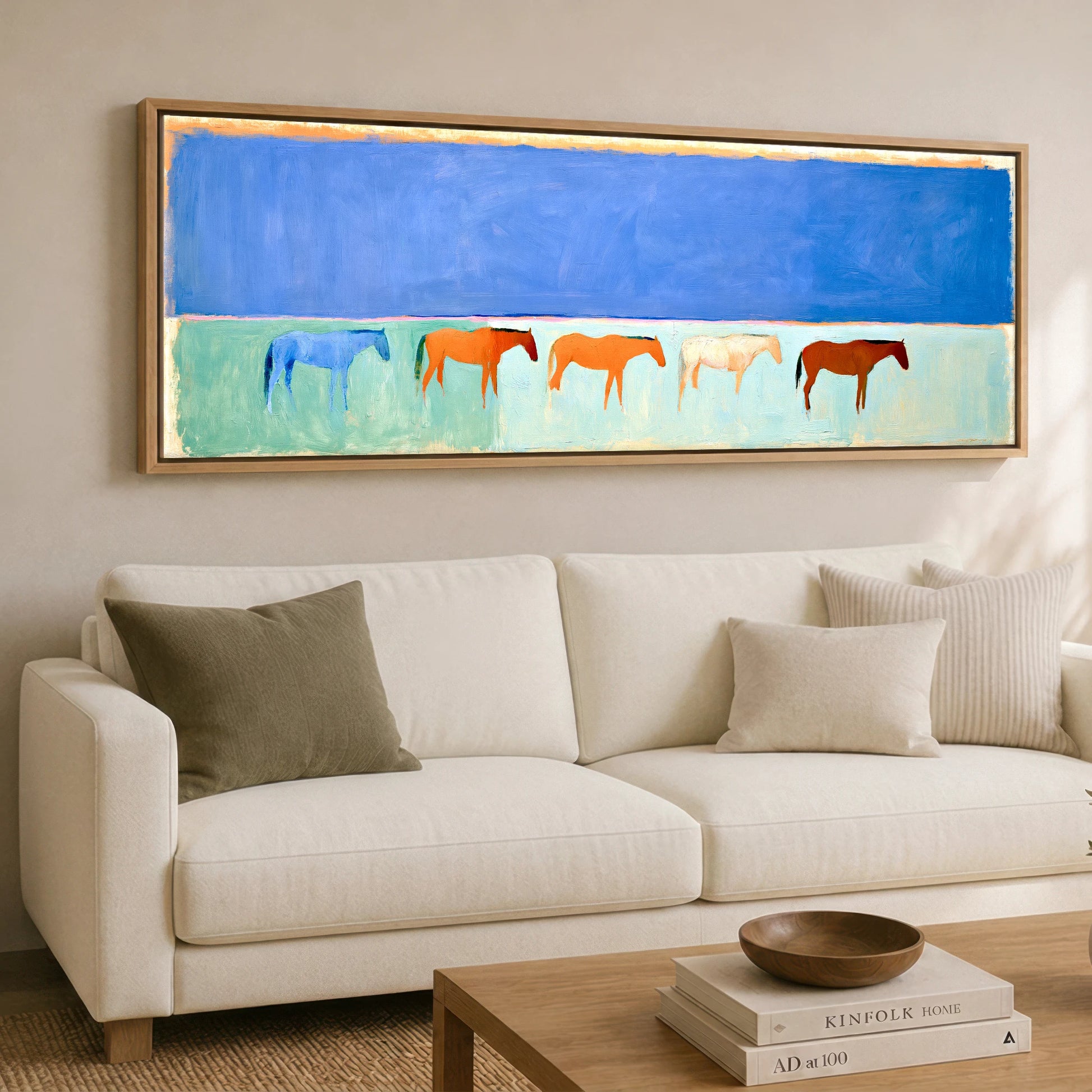 Painted Beach Lineup Beach Horse panoramic canvas wall art displayed above a sofa