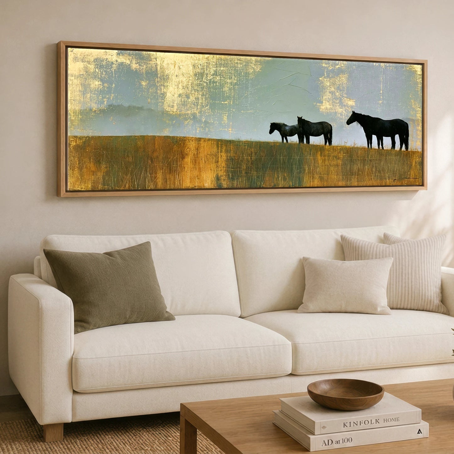 Gilded Horizon Horse Landscape panoramic canvas wall art displayed above a sofa