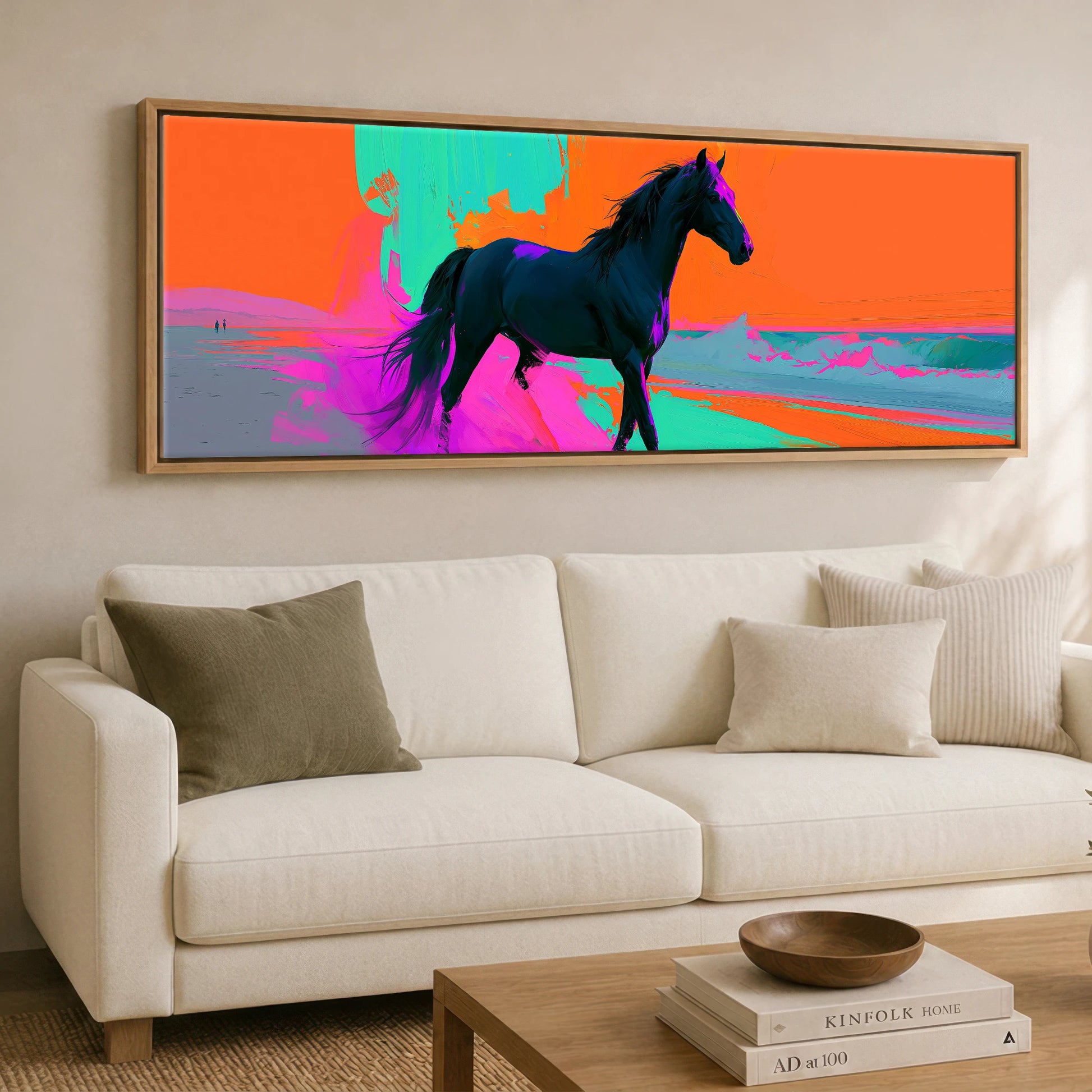 Electric Equine Horizon Horse Landscape panoramic canvas wall art displayed above a sofa