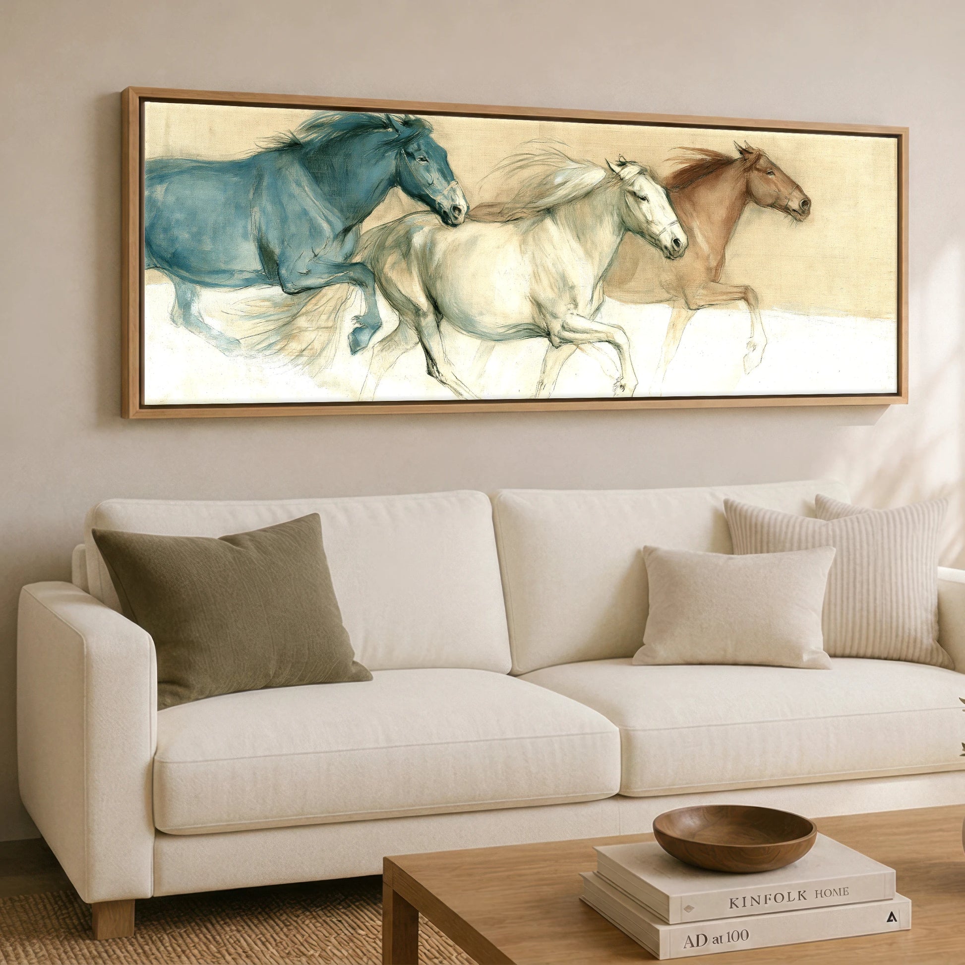 The Three Strides Horse Landscape panoramic canvas wall art displayed above a sofa