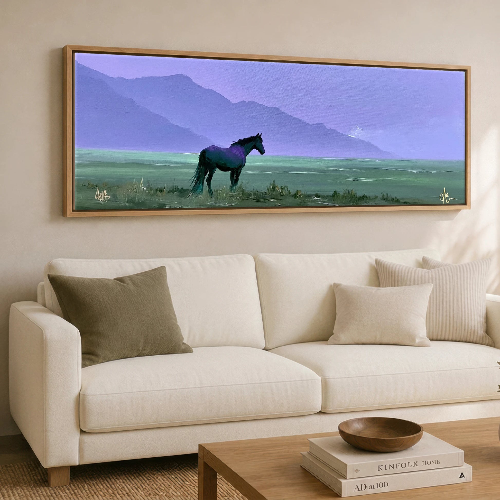 Dusk On The Violet Plain Horse Landscape panoramic canvas wall art displayed above a sofa