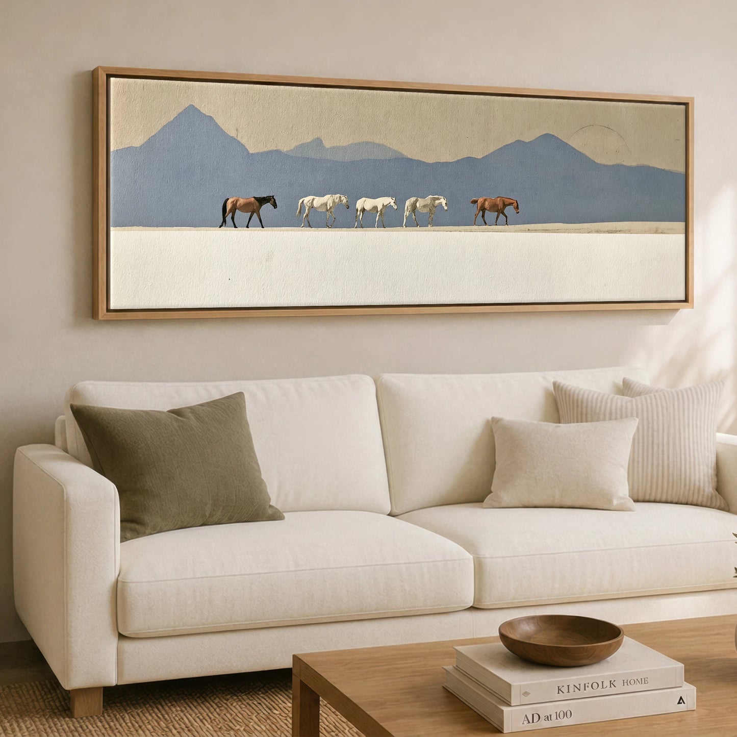 Journey Beneath Azure Peaks Horse Landscape panoramic canvas wall art displayed above a sofa