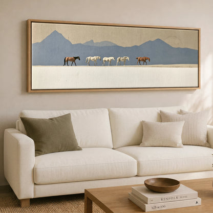 Journey Beneath Azure Peaks Horse Landscape panoramic canvas wall art displayed above a sofa