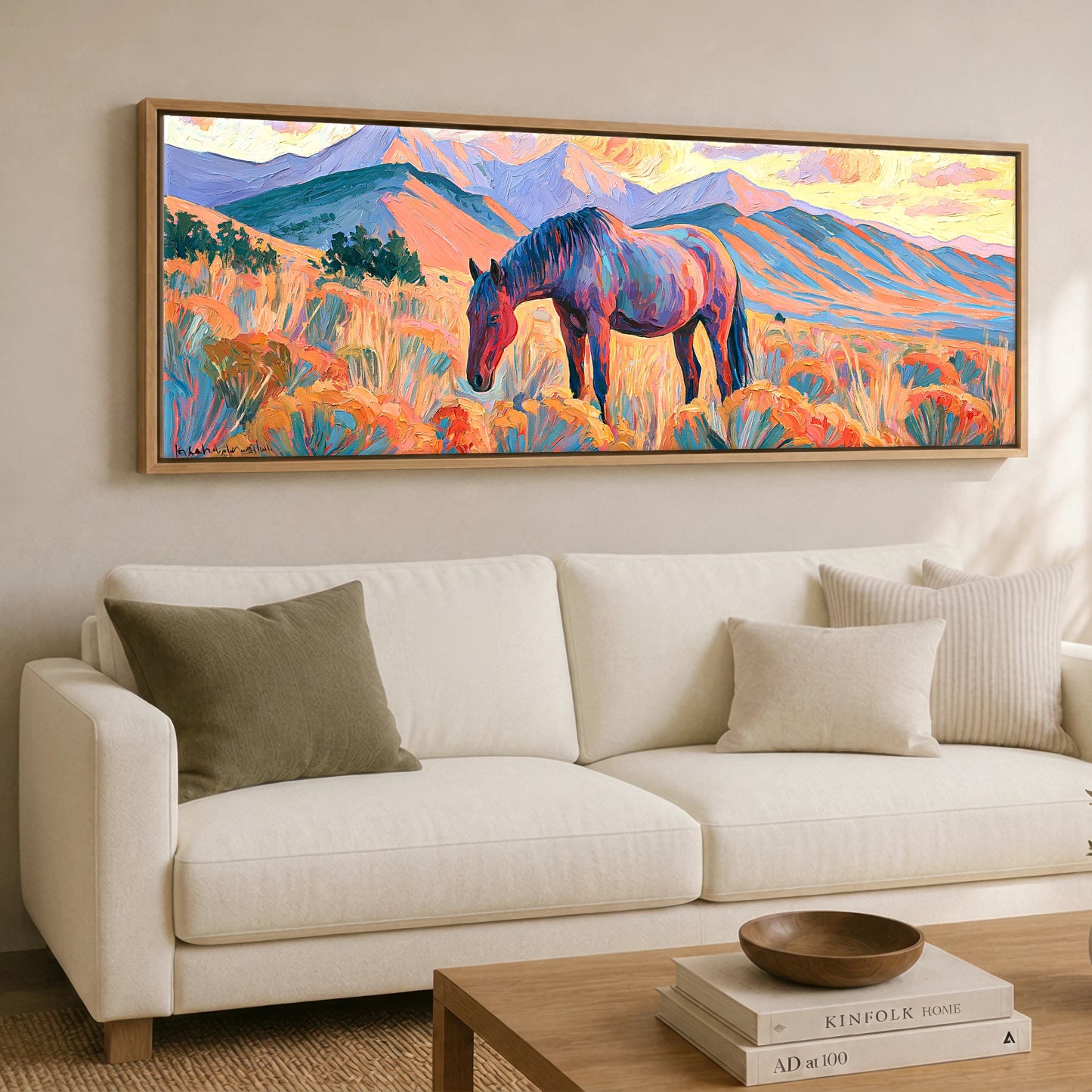 Vibrant Painted Pasture Horse Landscape panoramic canvas wall art displayed above a sofa