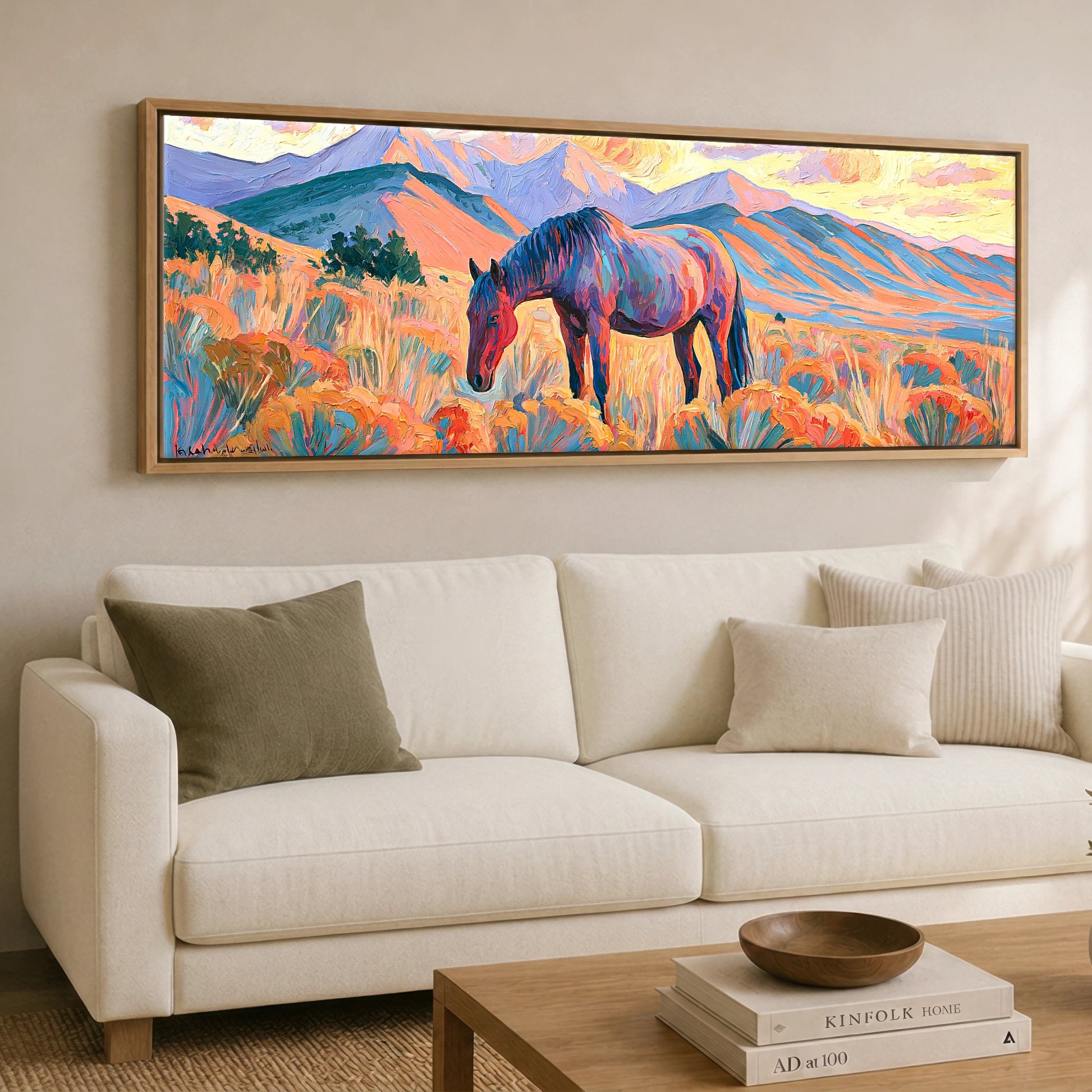 Vibrant Painted Pasture Horse Landscape panoramic canvas wall art displayed above a sofa