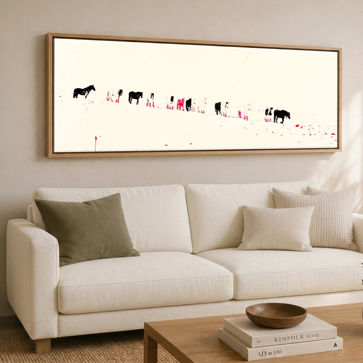 Vivid Procession Horse Landscape panoramic canvas wall art displayed above a sofa