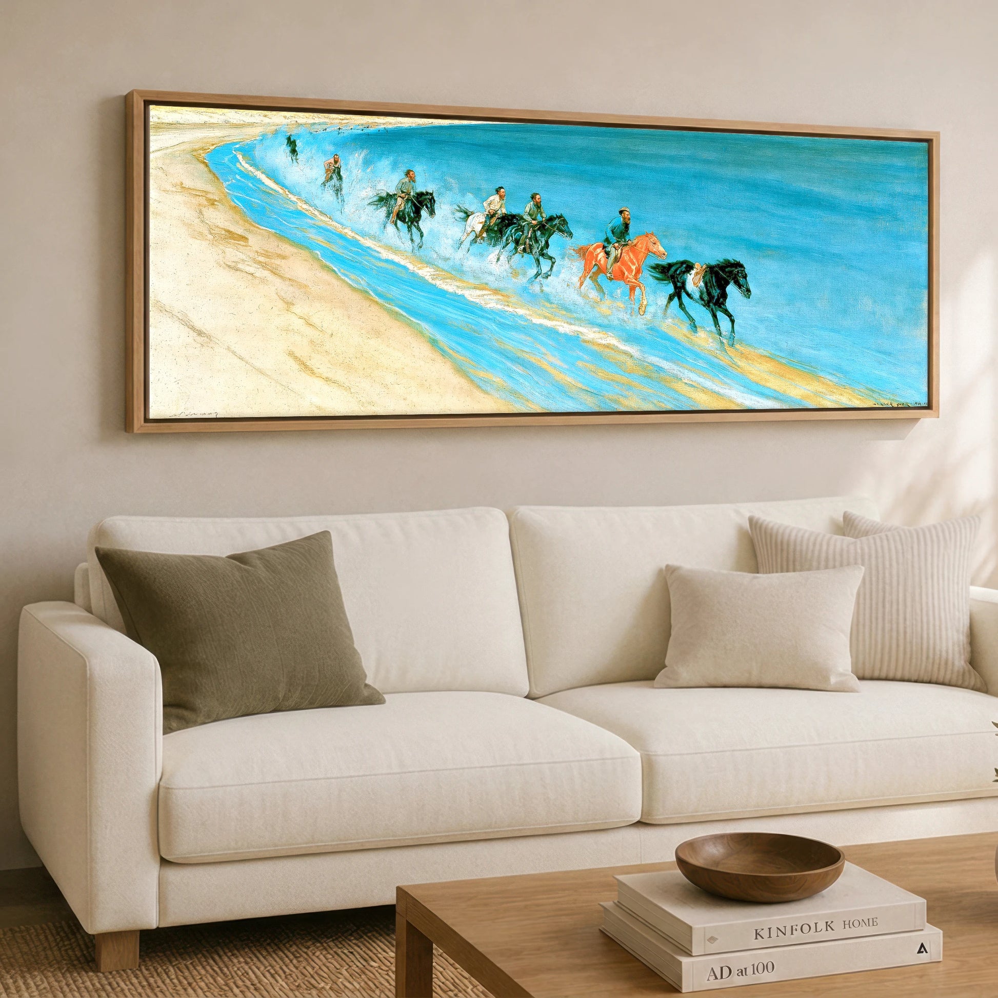 Galloping Through the Surf Beach Horse panoramic canvas wall art displayed above a sofa