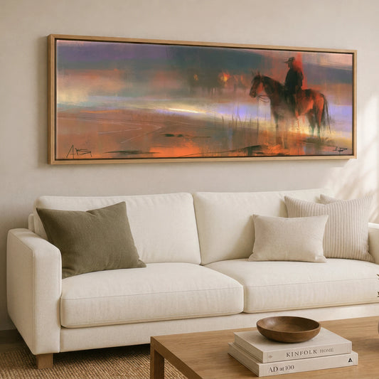 Out at Dawn Horse Landscape panoramic canvas wall art displayed above a sofa