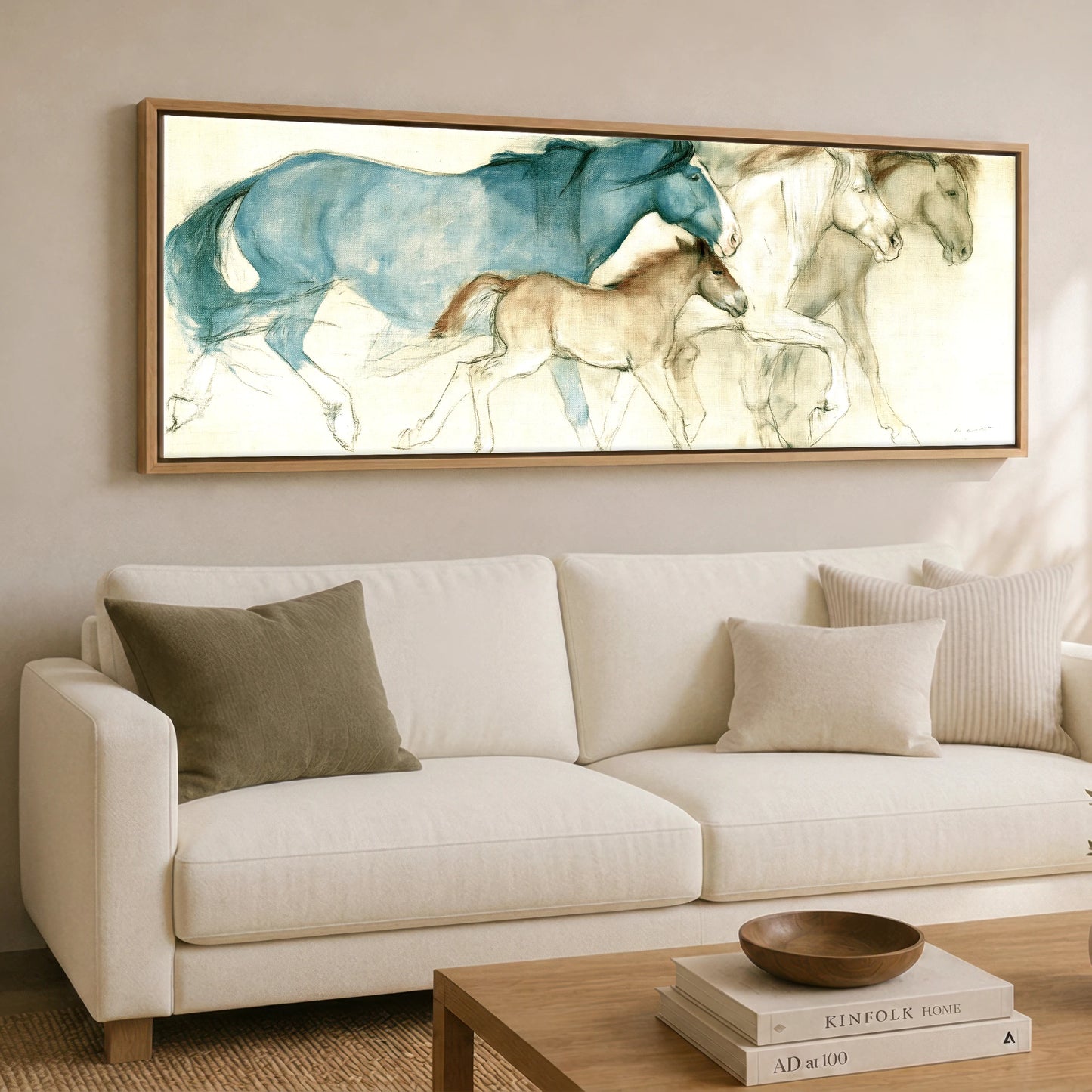 Azure Mare and Foal Mare & Foal panoramic canvas wall art displayed above a sofa