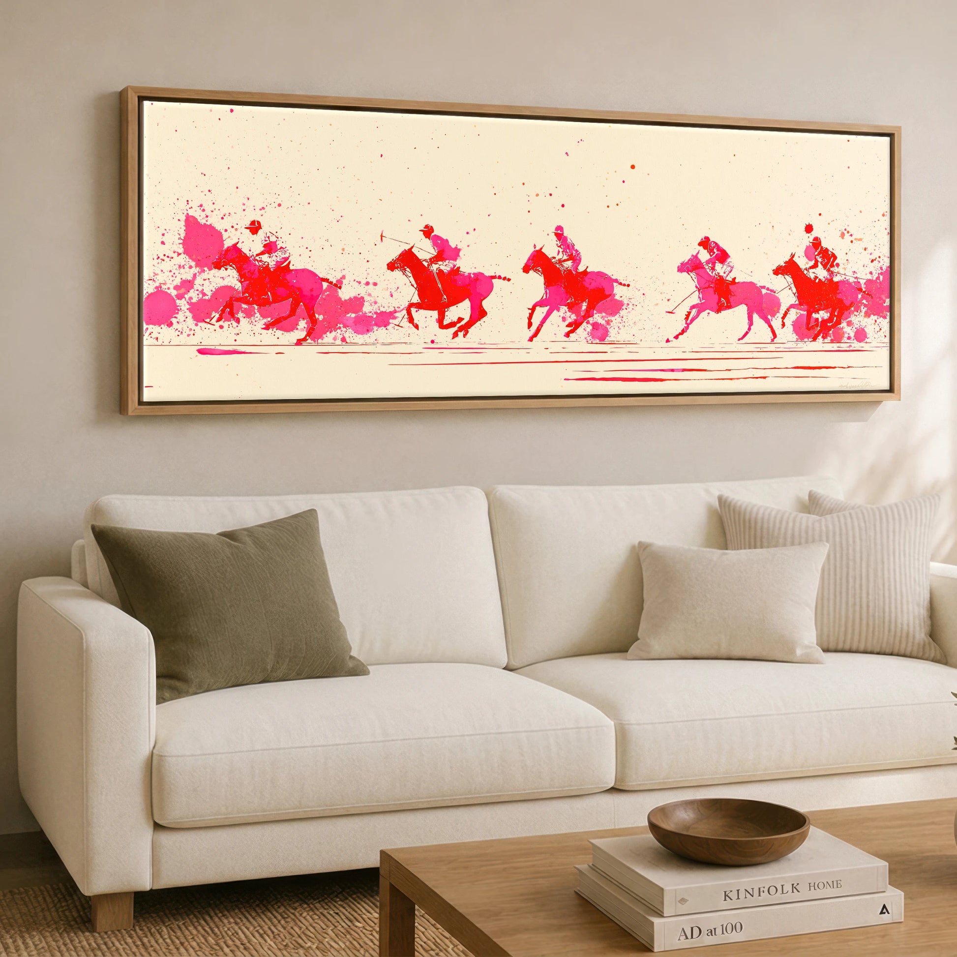 Vivid Polo Pursuit Polo Horse panoramic canvas wall art displayed above a sofa