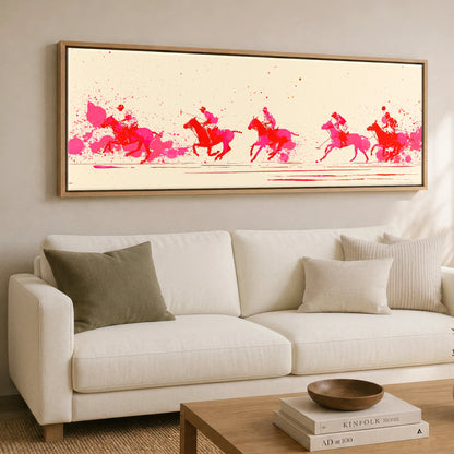 Vivid Polo Pursuit Polo Horse panoramic canvas wall art displayed above a sofa