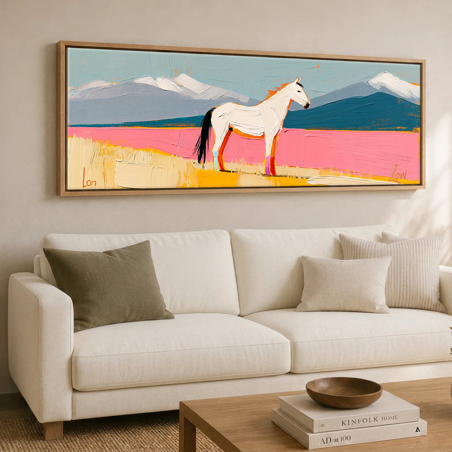 Vivid Equine Horizon Horse Landscape panoramic canvas wall art displayed above a sofa