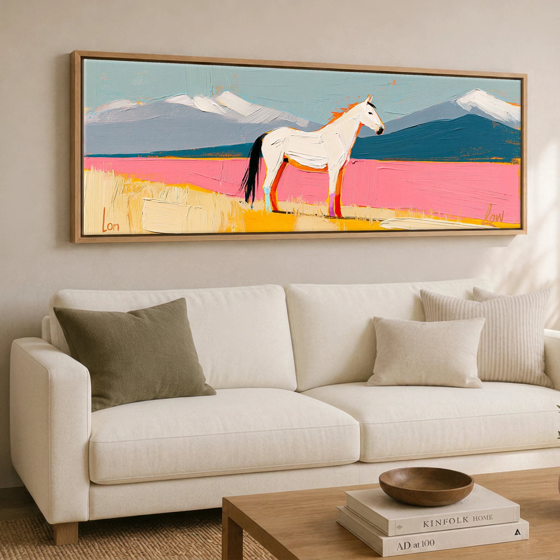Vivid Equine Horizon Horse Landscape panoramic canvas wall art displayed above a sofa