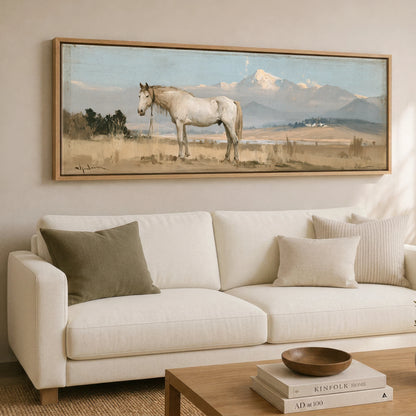 High Country Stillness Horse Landscape panoramic canvas wall art displayed above a sofa