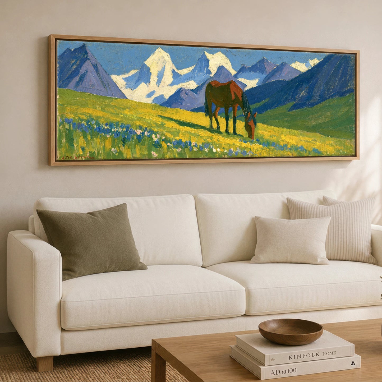 Vibrant Mountain Pasture Horse Landscape panoramic canvas wall art displayed above a sofa