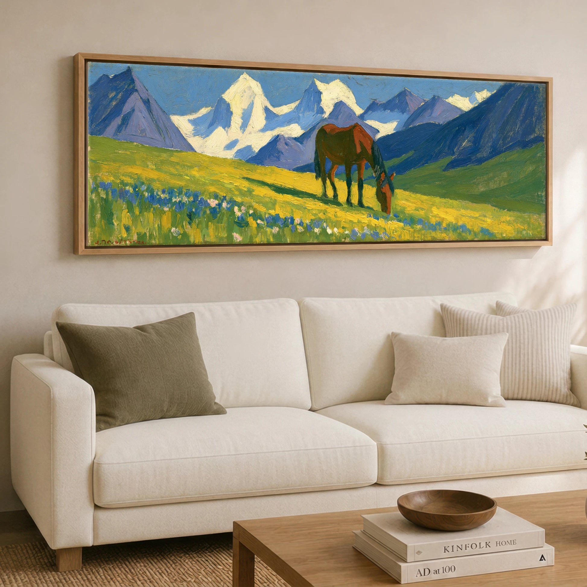 Vibrant Mountain Pasture Horse Landscape panoramic canvas wall art displayed above a sofa