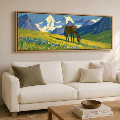 Vibrant Mountain Pasture Horse Landscape panoramic canvas wall art displayed above a sofa