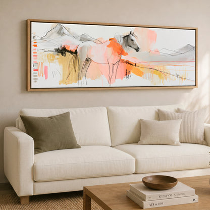 Painted Sunset Wanderer Horse Landscape panoramic canvas wall art displayed above a sofa