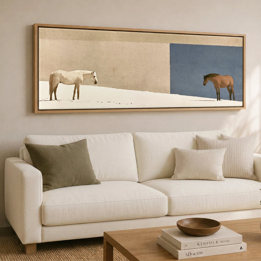 The Quiet Divide Horse Landscape panoramic canvas wall art displayed above a sofa