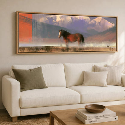 Sienna and Violet Haze Horse Landscape panoramic canvas wall art displayed above a sofa