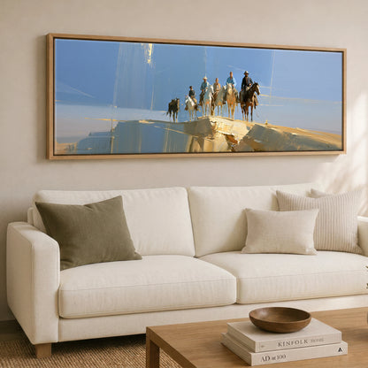 Cresting the Ridge Horse & Rider panoramic canvas wall art displayed above a sofa