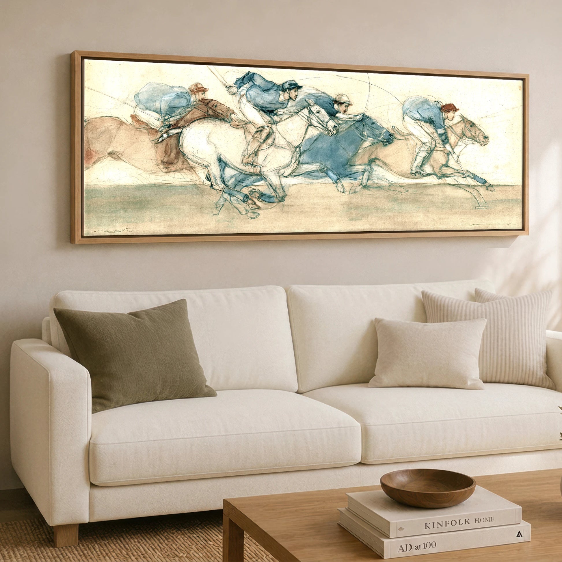 The Polo Sequence Polo Horse panoramic canvas wall art displayed above a sofa