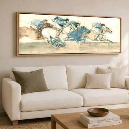 The Polo Sequence Polo Horse panoramic canvas wall art displayed above a sofa